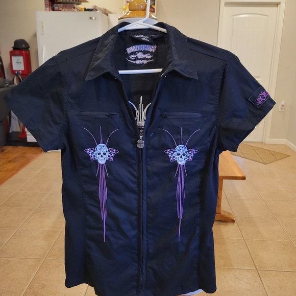 ♦️◾️EUC~ RIDERDIE Black Skull Embroidered Shirt - Picture 2 of 9